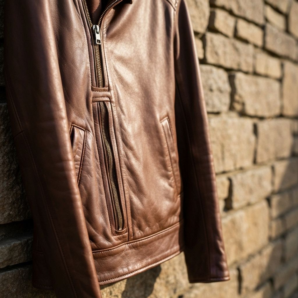 Walnut brown leather jacket on a minimalist stone backdrop